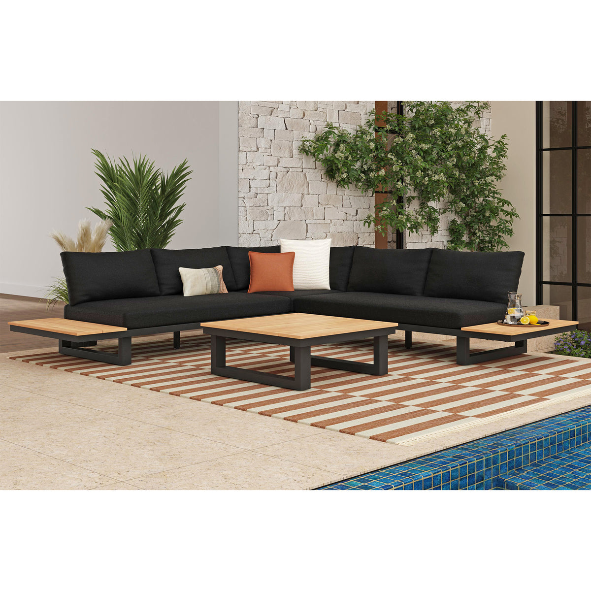 Cabana Black Outdoor Coffee Table with Natural Top - Ornate Home