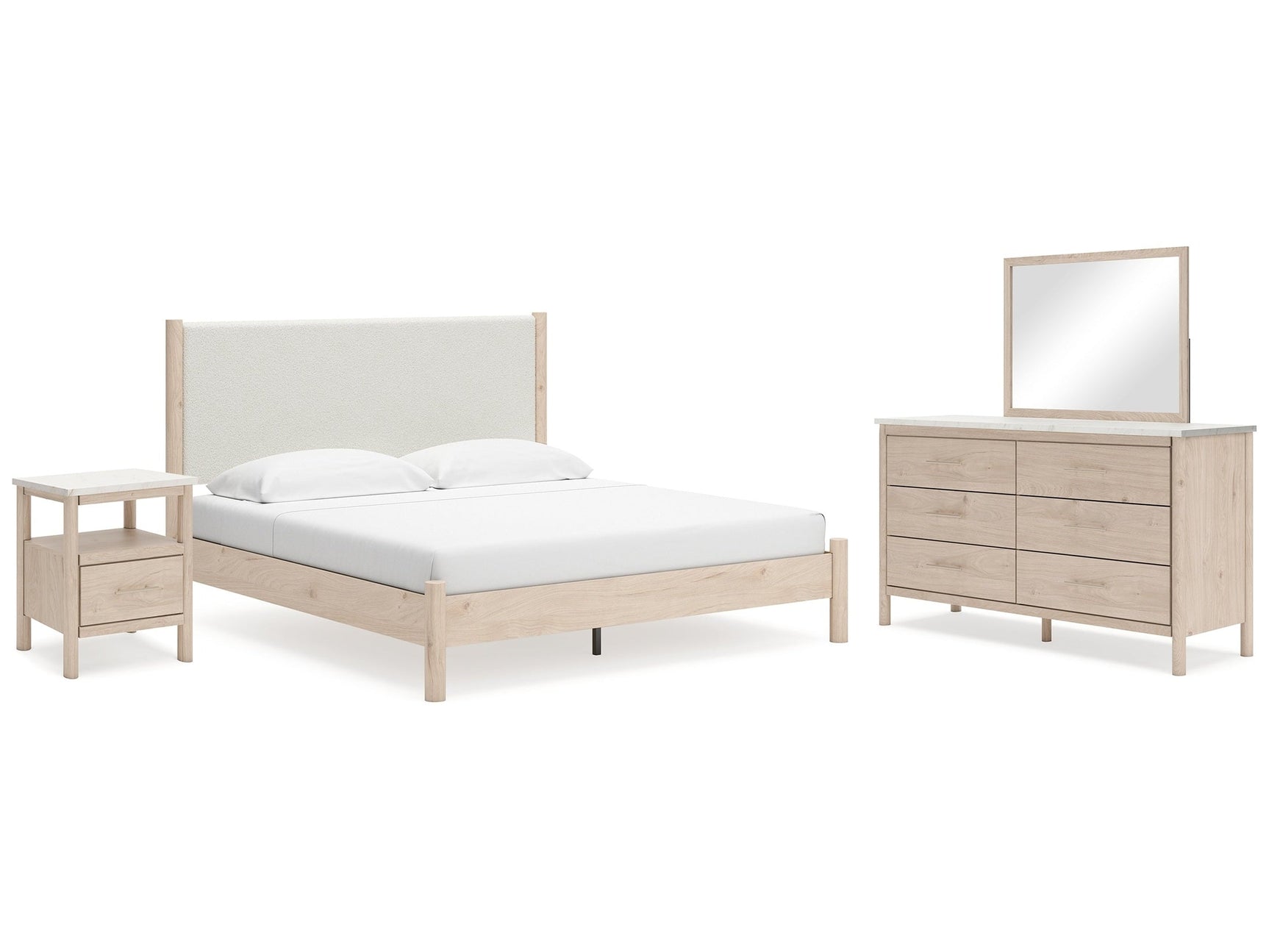 Cadmori Two-tone King Upholstered Panel Bed, Dresser, Mirror and Nightstand (Online Special Price) - Ornate Home