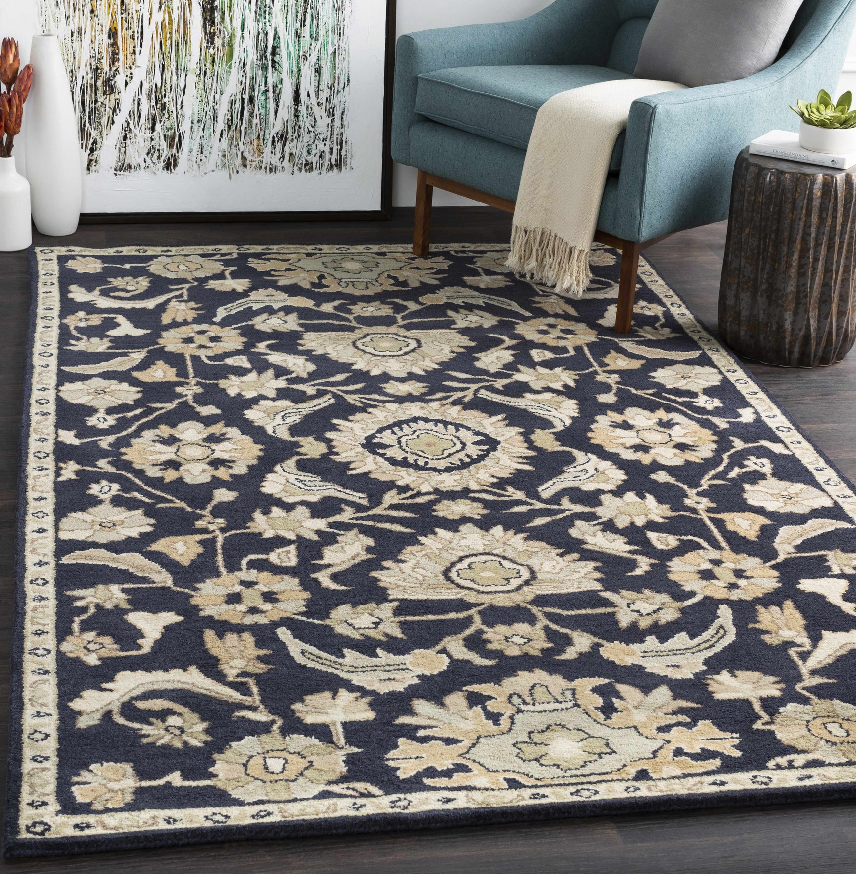 Caesar CAE-1164 Black Floral Wool Rug - Ornate Home