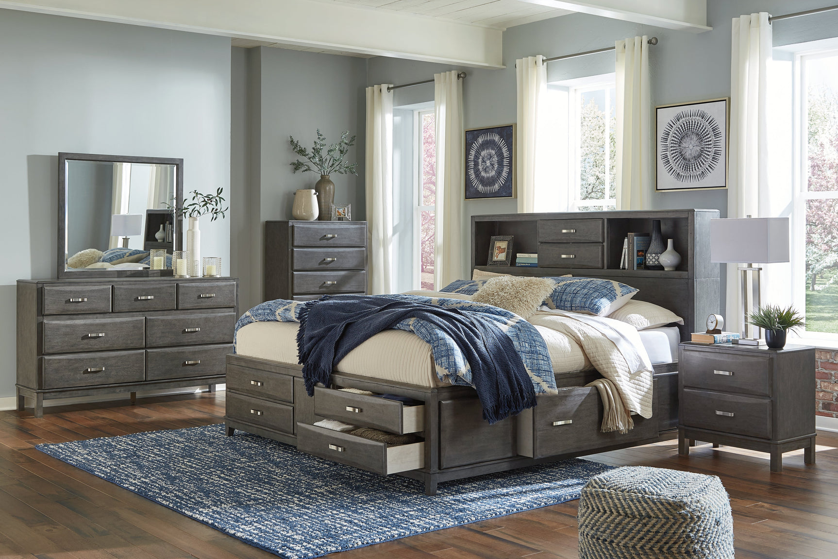 Caitbrook Gray California King Storage Bed, Dresser and 2 Nightstands (Online Special Price) - Ornate Home