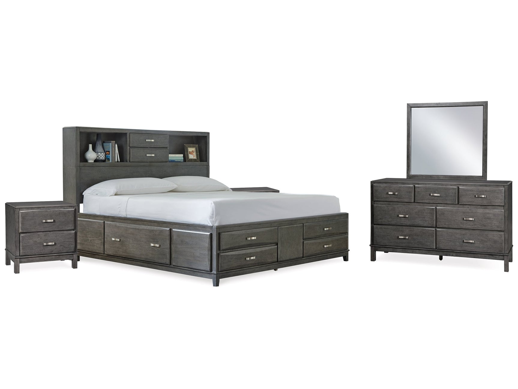 Caitbrook Gray King Storage Bedroom Set with Dresser, Mirror and 2 Nightstands - Ornate Home