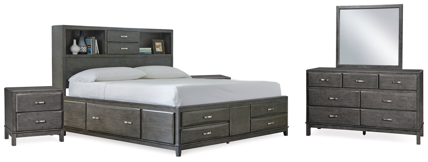 Caitbrook Gray King Storage Bedroom Set with Dresser, Mirror and 2 Nightstands - Ornate Home