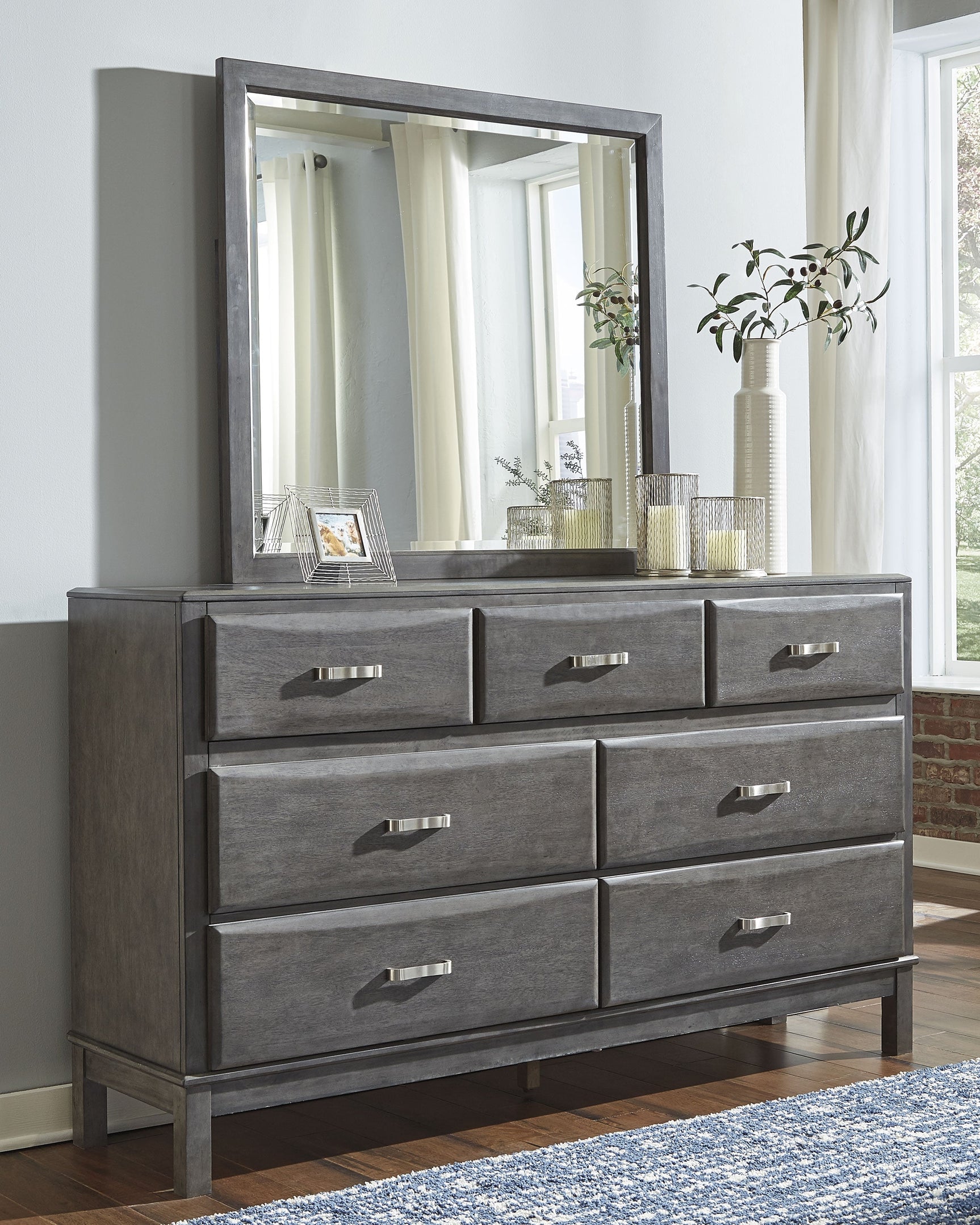 Caitbrook Gray King Storage Bedroom Set with Dresser, Mirror and 2 Nightstands - Ornate Home