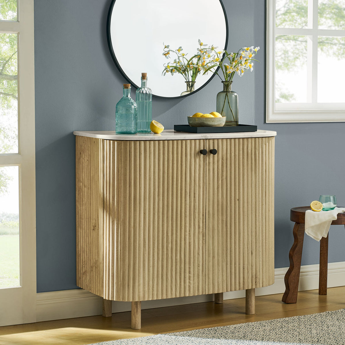Caldera Natural 33" Curved Solid Wood and Marble Accent Storage Cabinet - Ornate Home