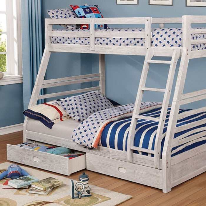 California Wire-Brushed White Twin/Full Bunk Bed w/ 2 Drawers - Ornate Home