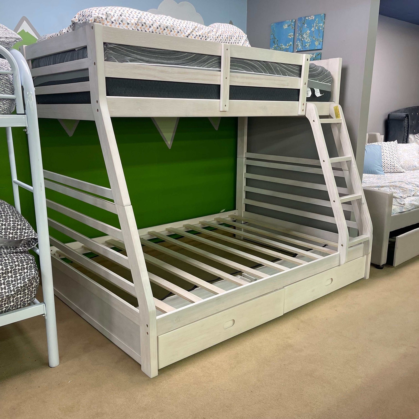 California Wire-Brushed White Twin/Full Bunk Bed w/ 2 Drawers - Ornate Home