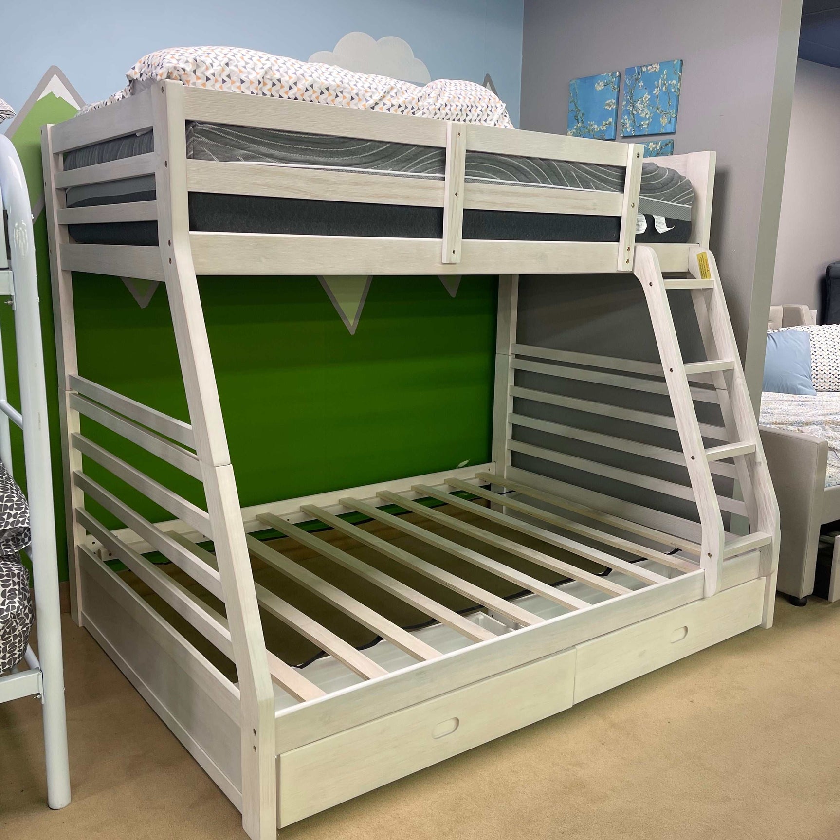 California Wire-Brushed White Twin/Full Bunk Bed w/ 2 Drawers - Ornate Home