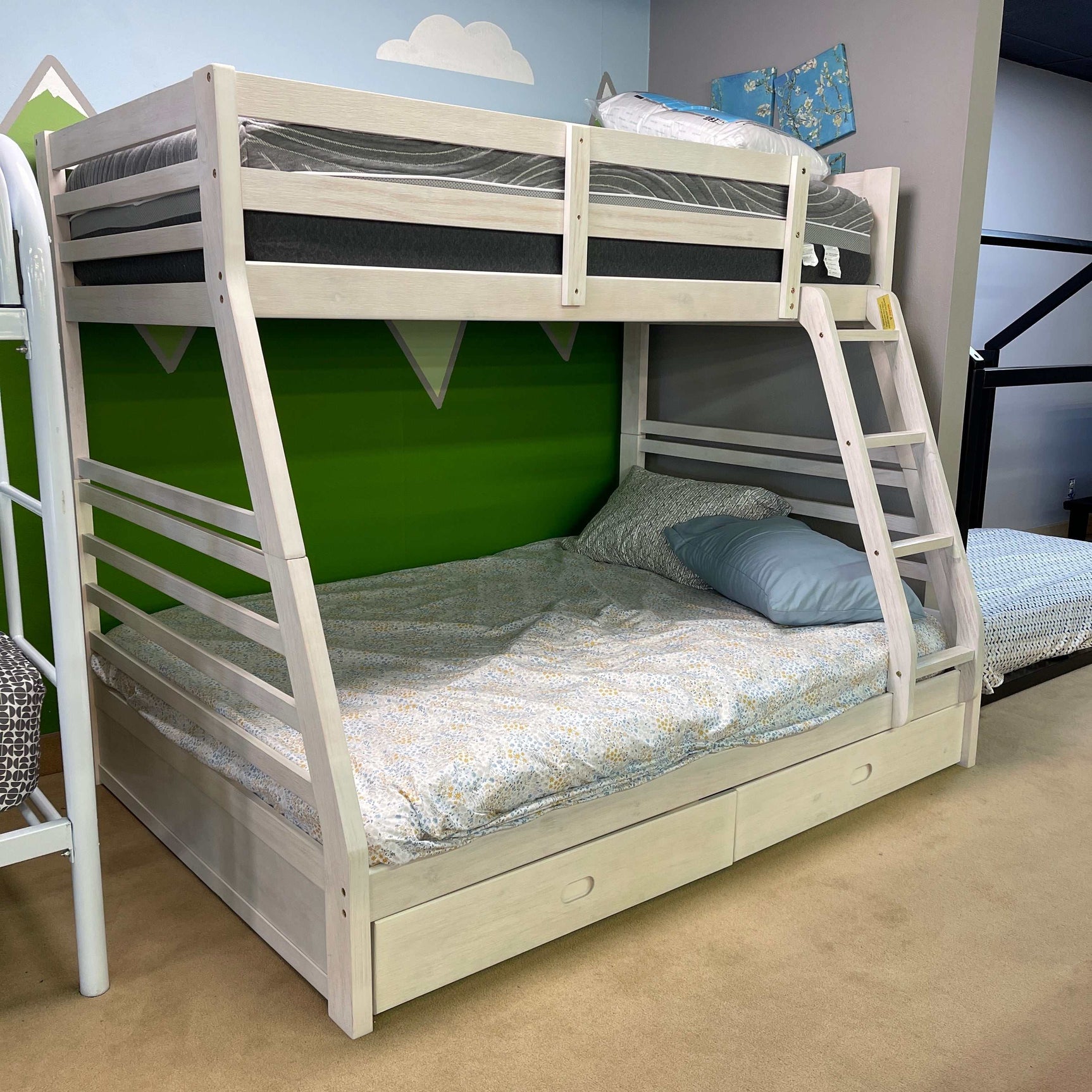 California Wire-Brushed White Twin/Full Bunk Bed w/ 2 Drawers - Ornate Home