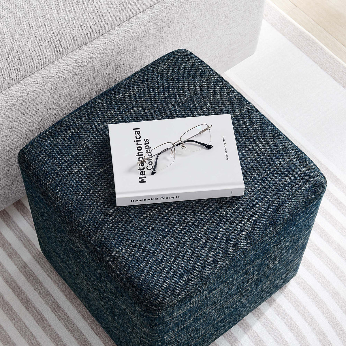 Callum Weave Azure 17" Square Woven Heathered Fabric Upholstered Ottoman - Ornate Home