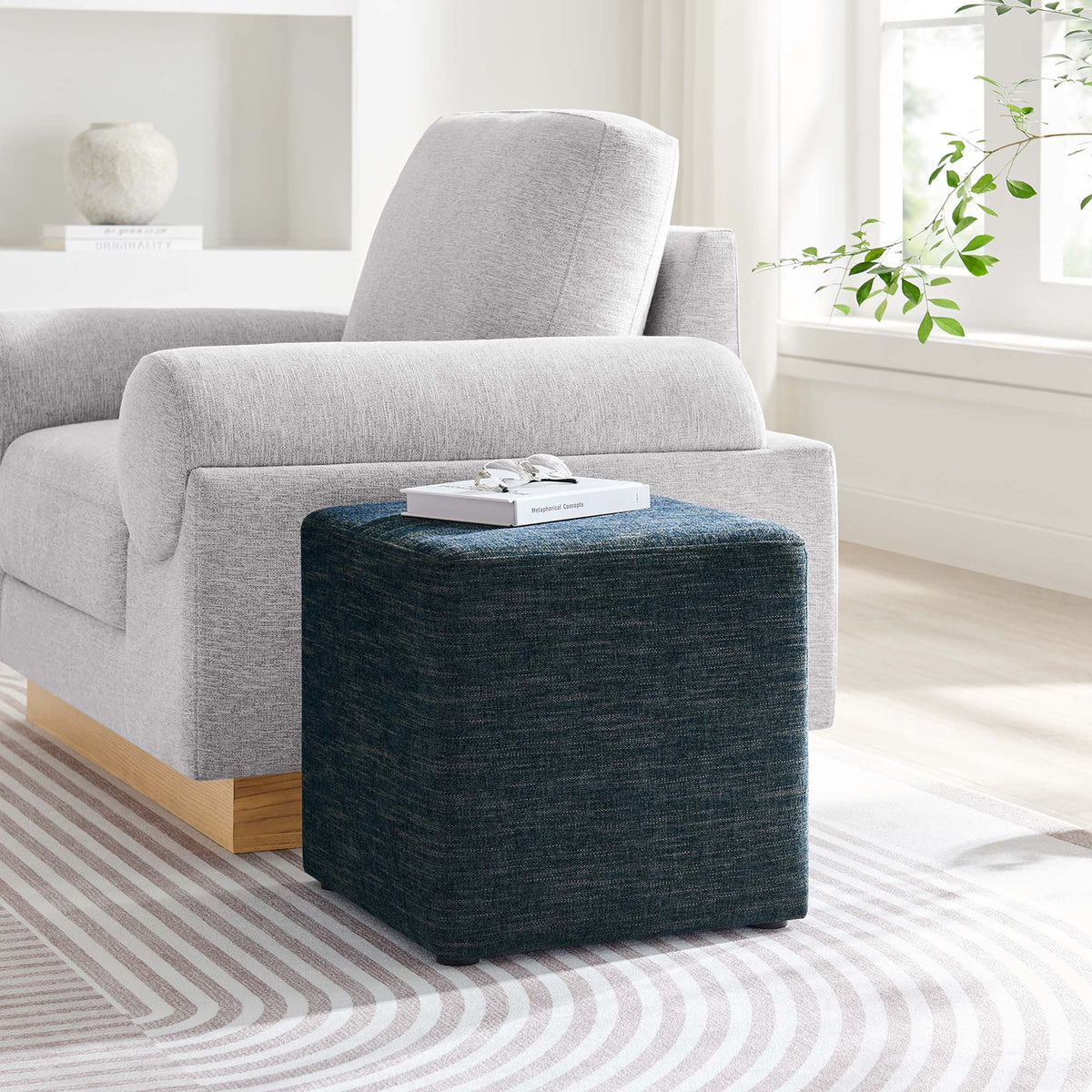 Callum Weave Azure 17" Square Woven Heathered Fabric Upholstered Ottoman - Ornate Home