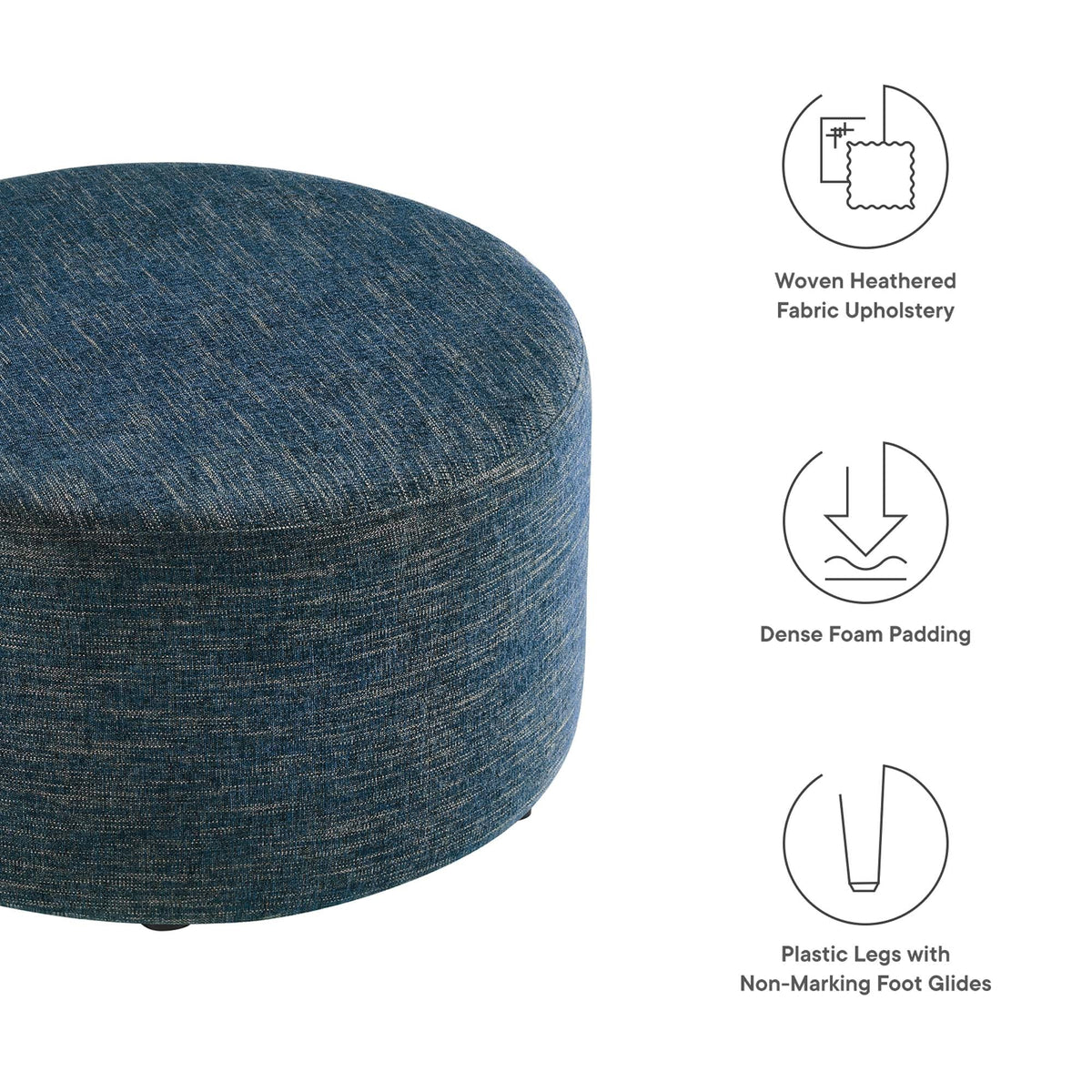 Callum Weave Azure Large 29" Round Woven Heathered Fabric Upholstered Ottoman - Ornate Home