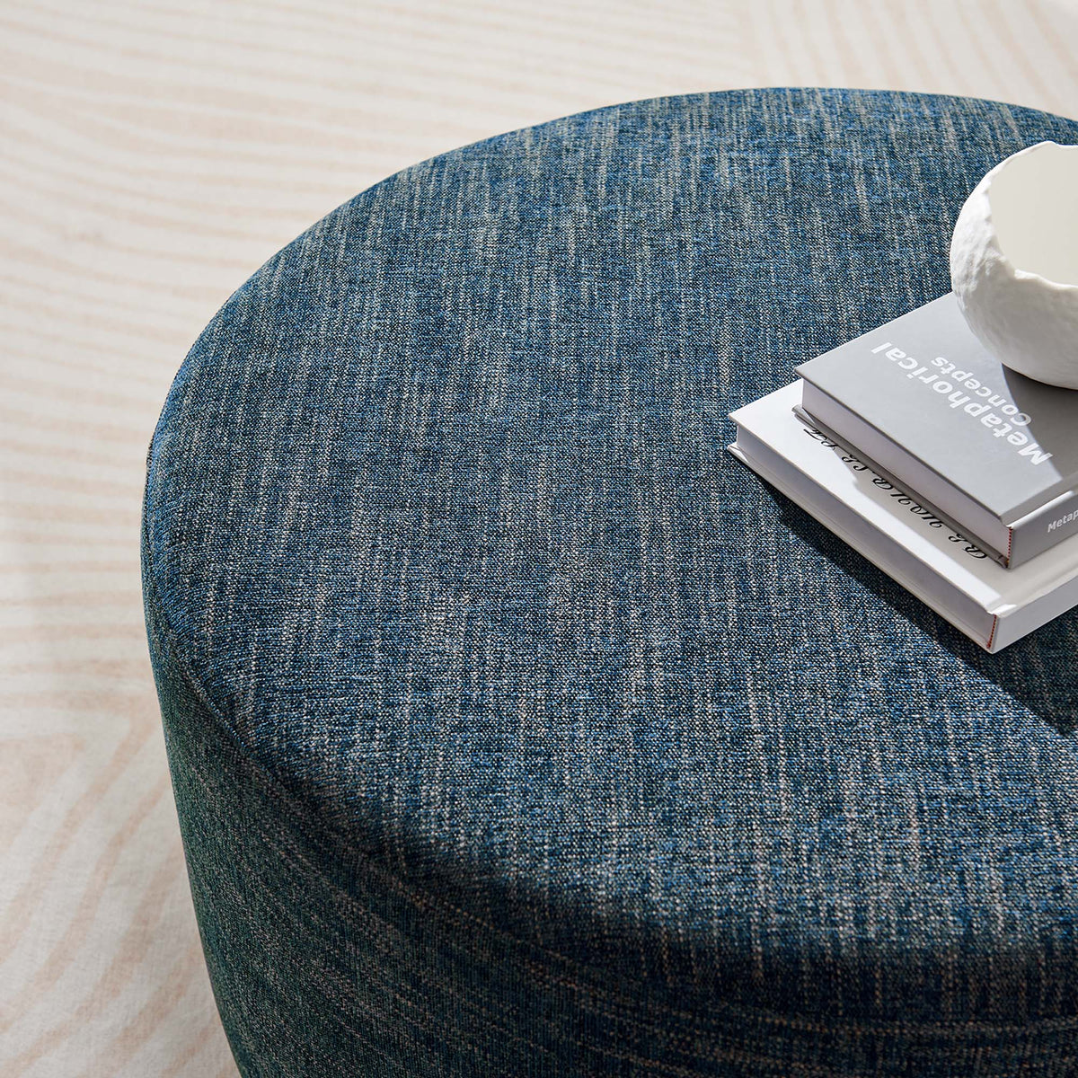 Callum Weave Azure Large 29" Round Woven Heathered Fabric Upholstered Ottoman - Ornate Home