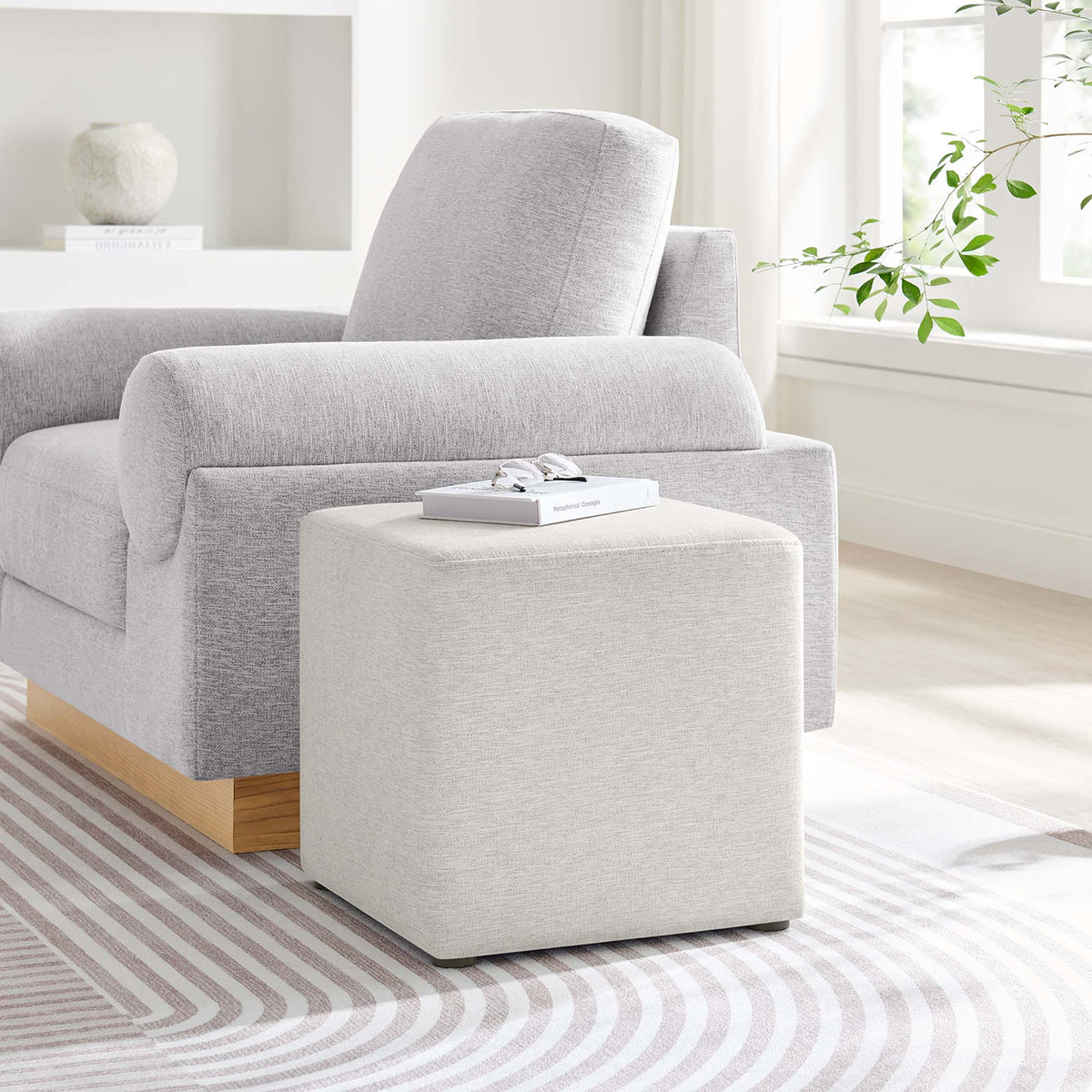 Callum Weave Ivory 17" Square Woven Heathered Fabric Upholstered Ottoman - Ornate Home