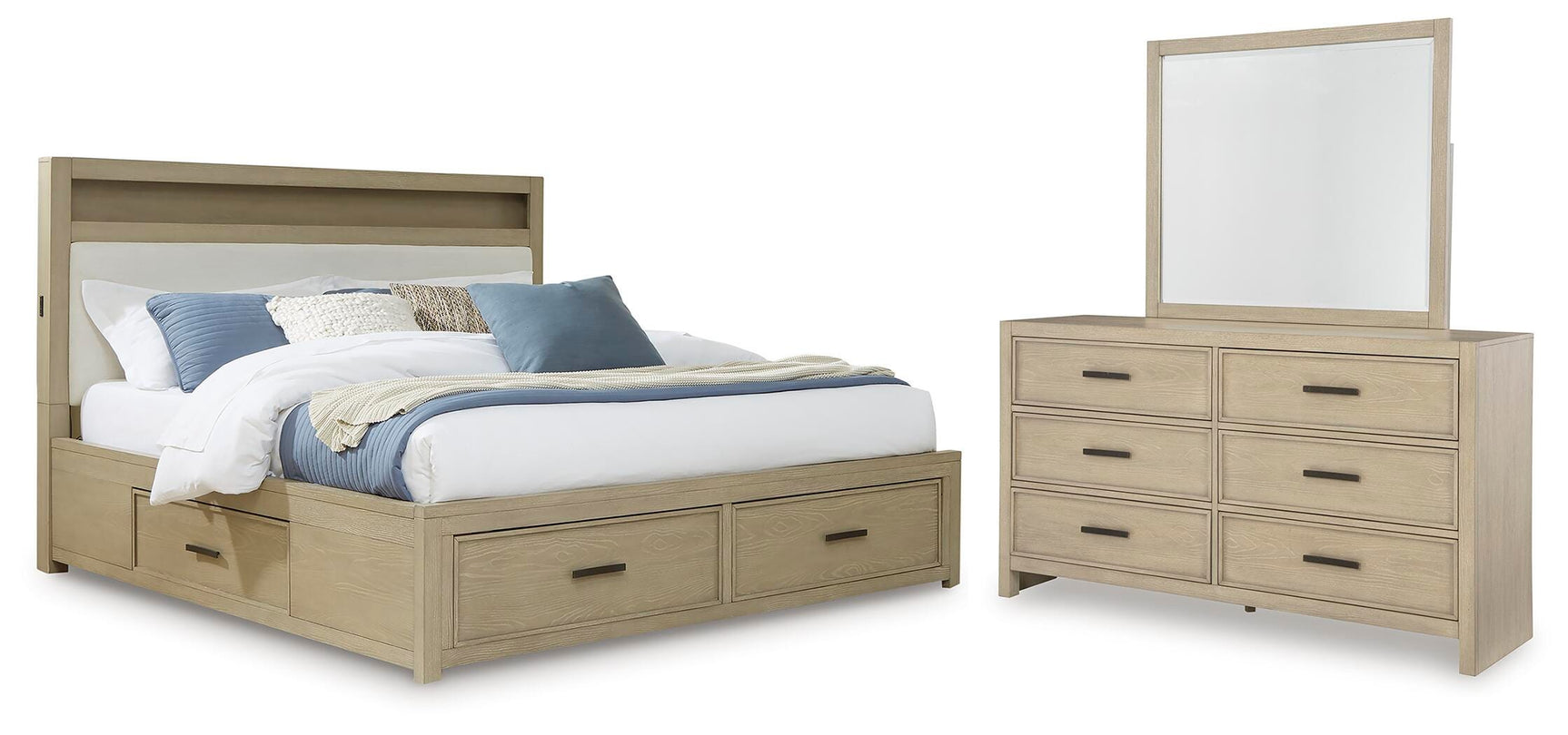 Calmoro Gray Queen Bookcase Bed, Dresser and Mirror - Ornate Home