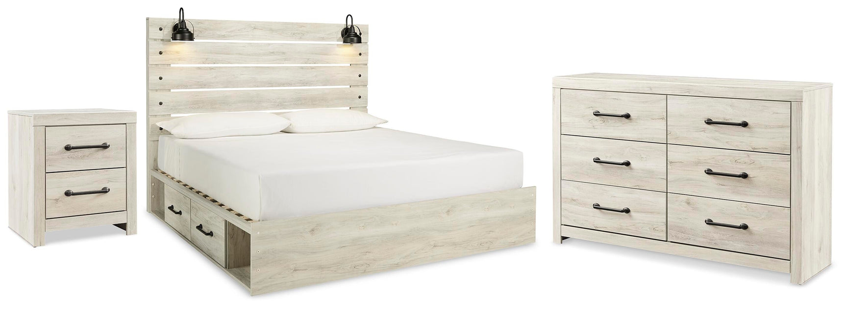 Cambeck Brown/Whitewash King Panel Storage Bed, Dresser and Nightstand - Ornate Home