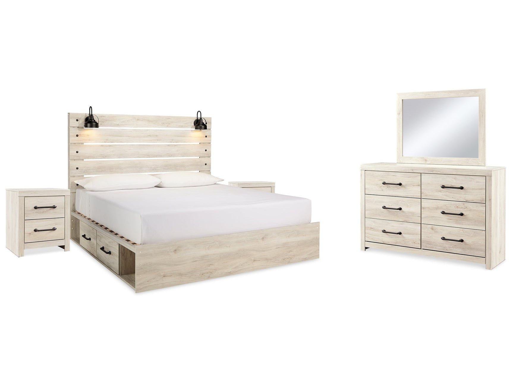 Cambeck Whitewash King Panel Bedroom Set with 2 Side Storage, Dresser, Mirror, and Nightstand (Online Special Price) - Ornate Home