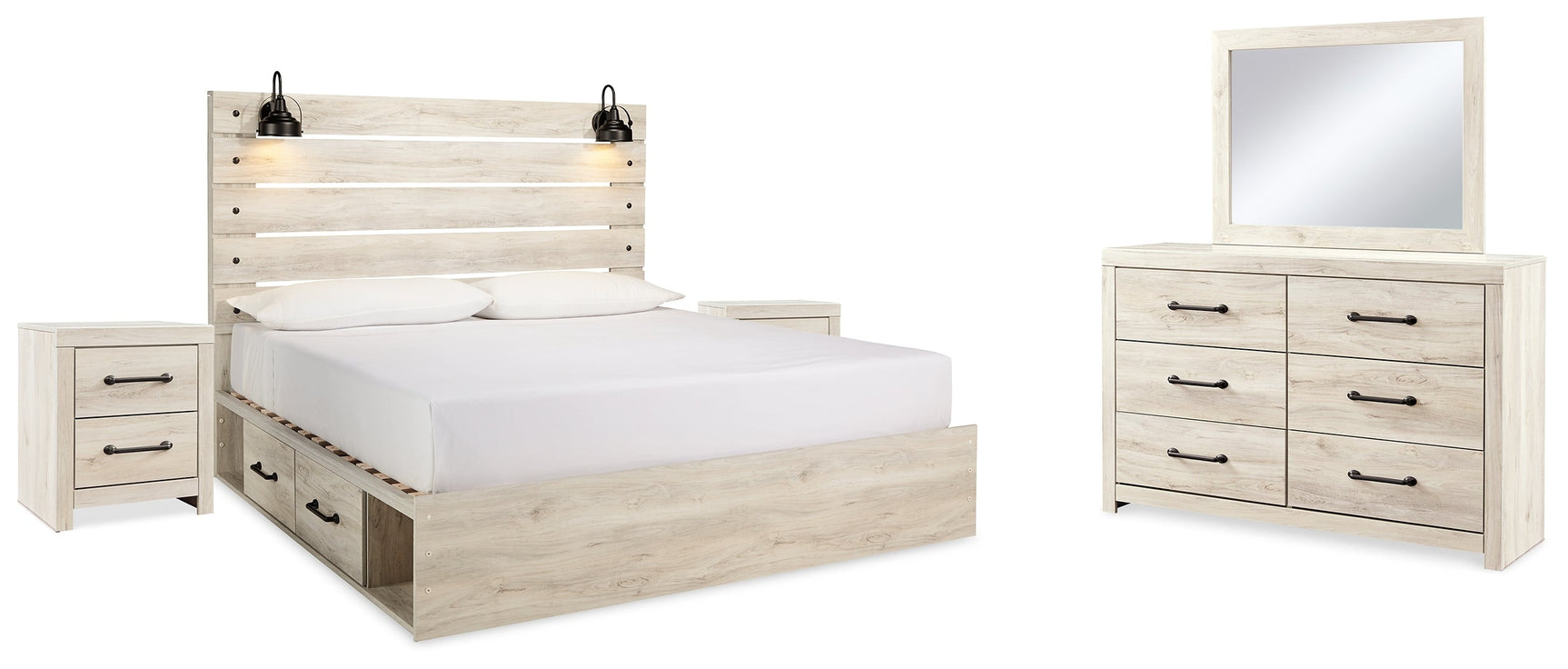 Cambeck Whitewash King Panel Bedroom Set with 2 Side Storage, Dresser, Mirror, and Nightstand (Online Special Price) - Ornate Home