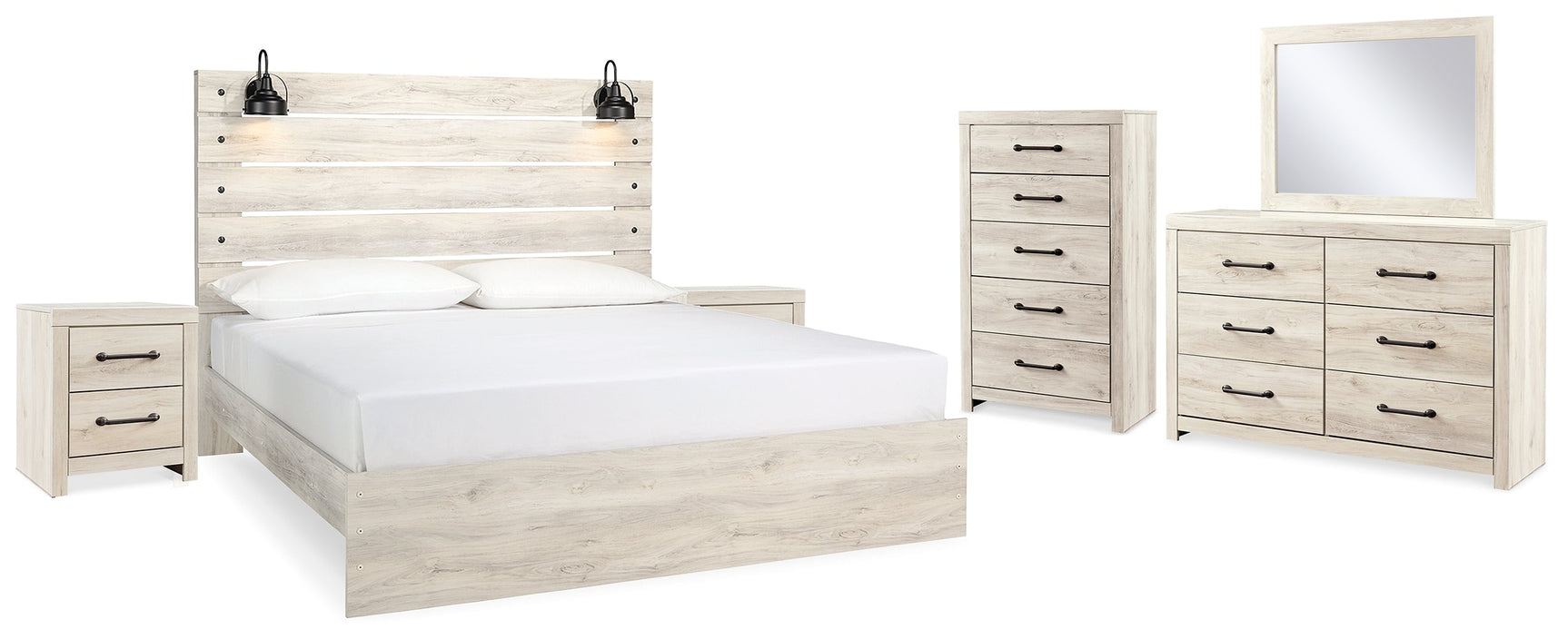 Cambeck Whitewash King Panel Bedroom Set with Dresser, Mirror, Chest and 2 Nightstands (Online Special Price) - Ornate Home