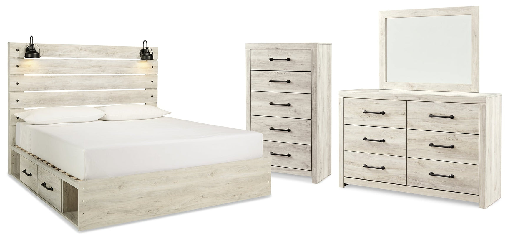 Cambeck Whitewash King Panel Bedroom Set with Storage, Dresser, Mirror and Chest - Ornate Home