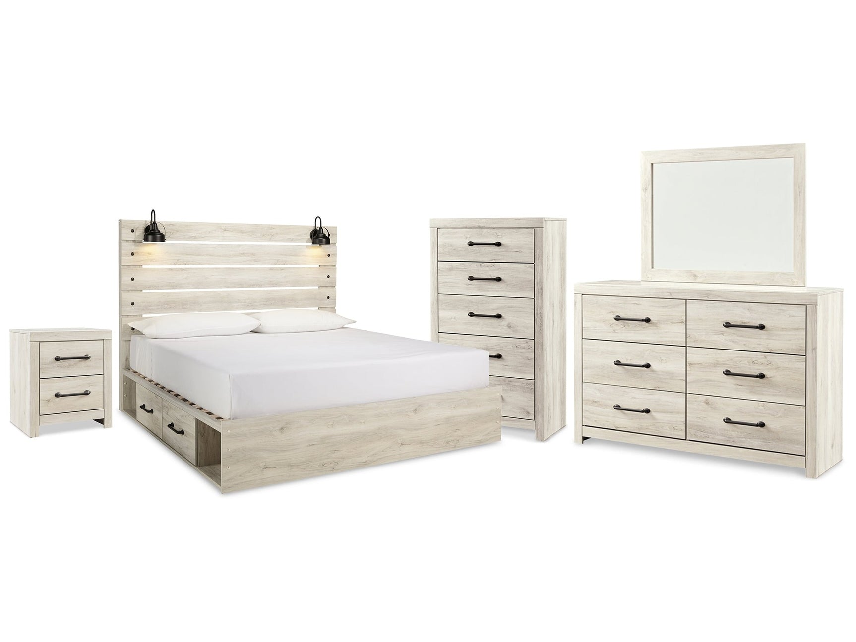 Cambeck Whitewash King Panel Storage Bed, Dresser, Mirror, Chest and Nightstand - Ornate Home