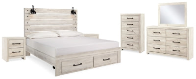 Cambeck Whitewash King Panel Storage Bedroom Set with Dresser, Mirror, Chest and 2 Nightstands - Ornate Home