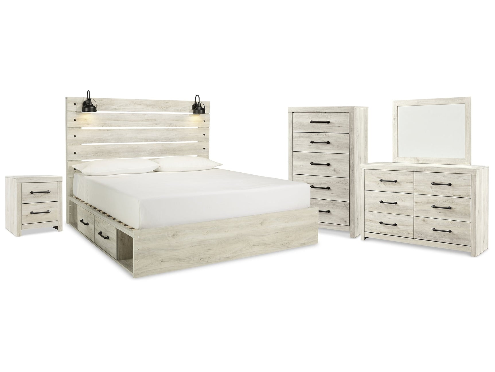 Cambeck Whitewash King Panel Storage Bedroom Set with Dresser, Mirror, Chest and Nightstand - Ornate Home