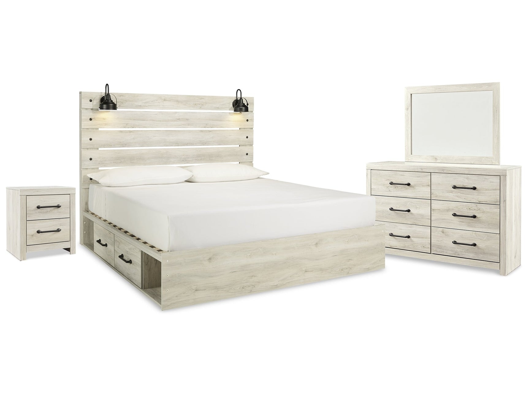 Cambeck Whitewash King Panel Storage Bedroom Set with Dresser, Mirror and Nightstand - Ornate Home