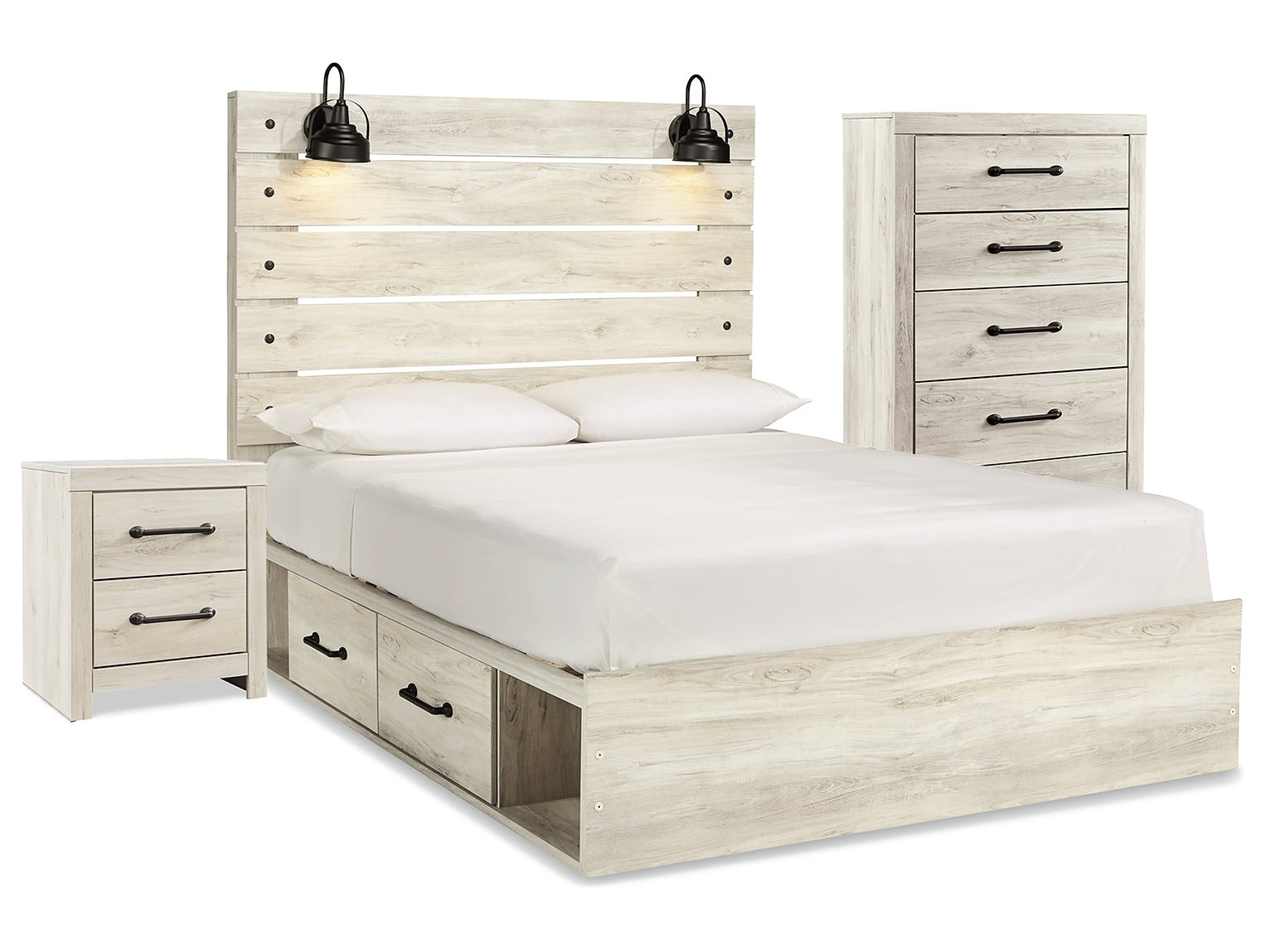 Cambeck Whitewash Queen Panel Bedroom Set with Storage, Chest and Nightstand - Ornate Home