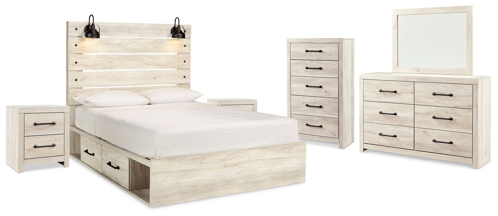 Cambeck Whitewash Queen Panel Bedroom Set with Storage, Dresser, Mirror and 2 Nightstands (Online Special Price) - Ornate Home