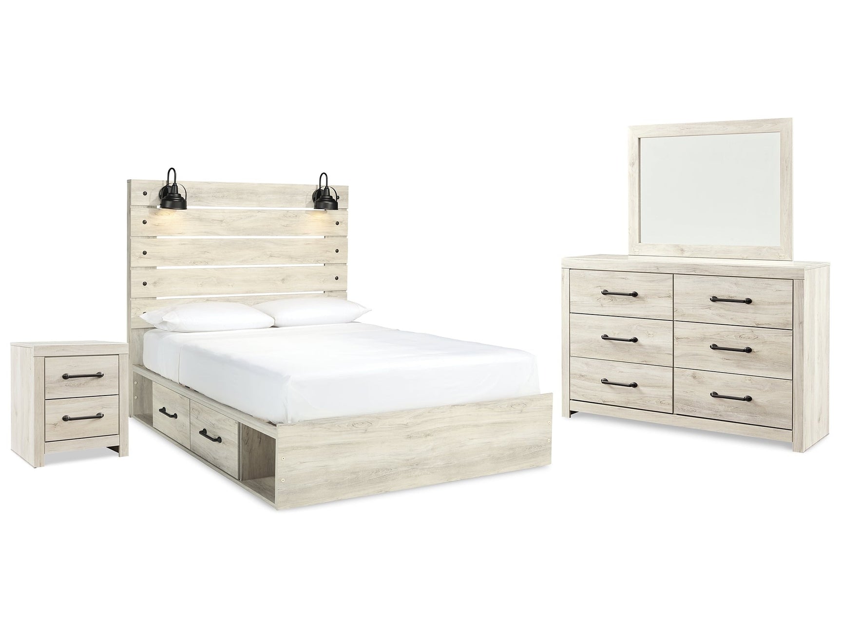 Cambeck Whitewash Queen Panel Bedroom Set with Storage, Dresser, Mirror and Nightstand - Ornate Home