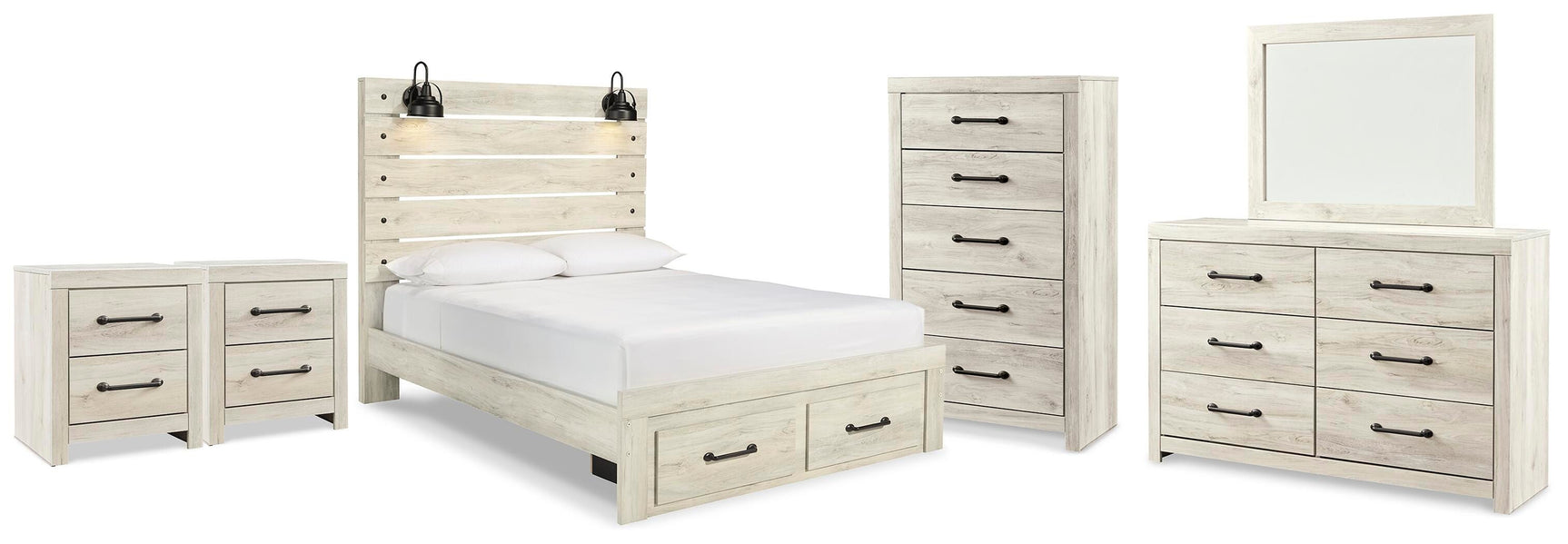 Cambeck Whitewash Queen Panel Storage Bed, Dresser, Mirror, Chest and 2 Nightstands - Ornate Home