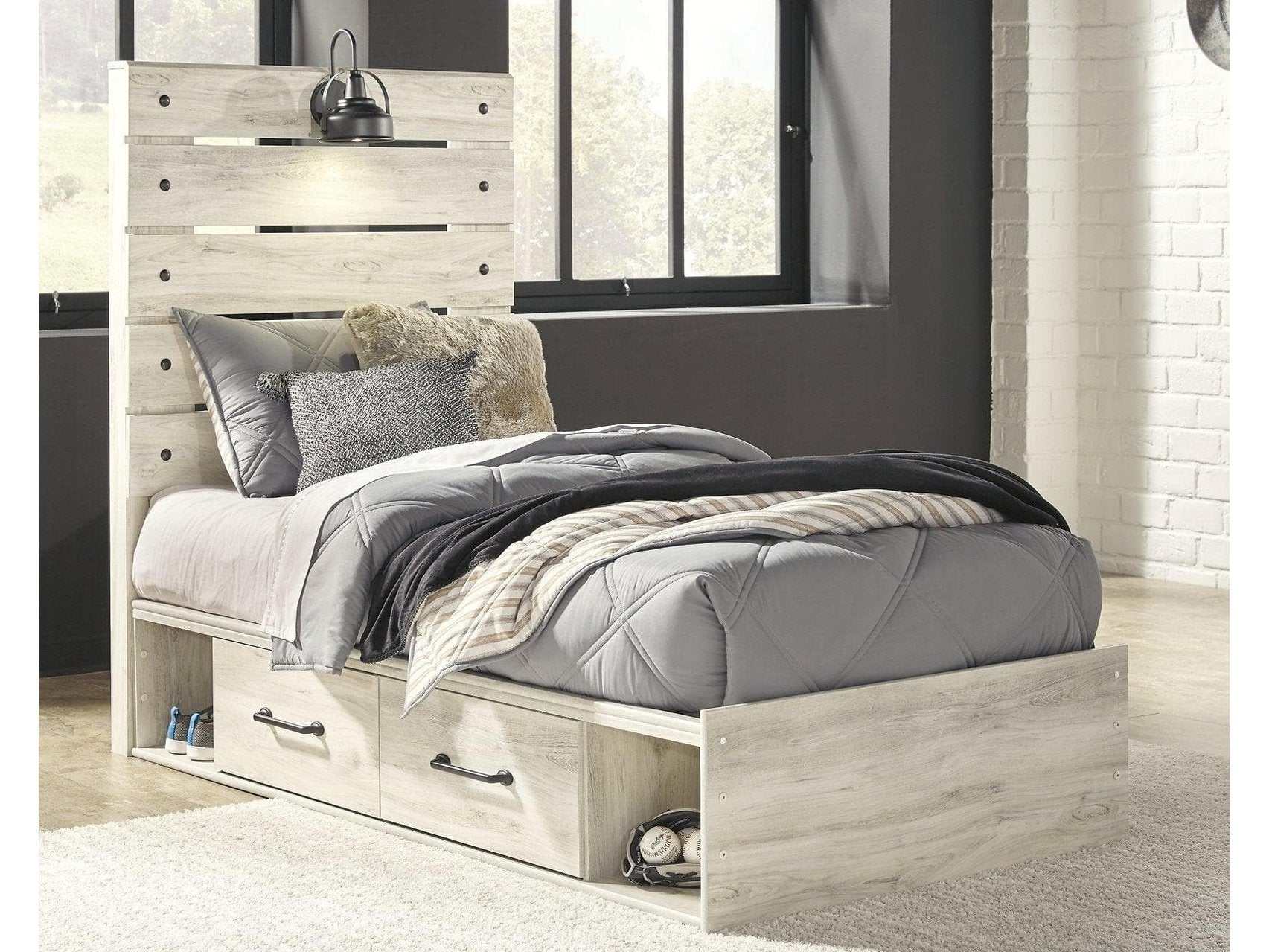 Cambeck Whitewash Twin Panel Bed w/ 4 Storage Drawers (Online Special Price) - Ornate Home