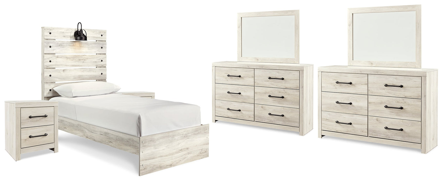 Cambeck Whitewash Twin Panel Bedroom Set with 2 Dressers, 2 Mirrors and 2 Nightstands - Ornate Home