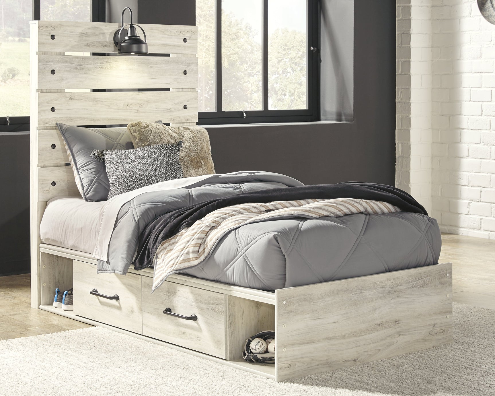 Cambeck Whitewash Twin Panel Bedroom Set with Storage, Dresser, Mirror, Chest and 2 Nightstands (Online Special Price) - Ornate Home