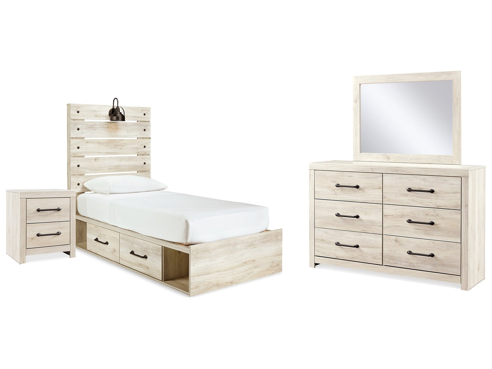 Cambeck Whitewash Twin Storage Bedroom Set with Dresser, Mirror and Nightstand - Ornate Home
