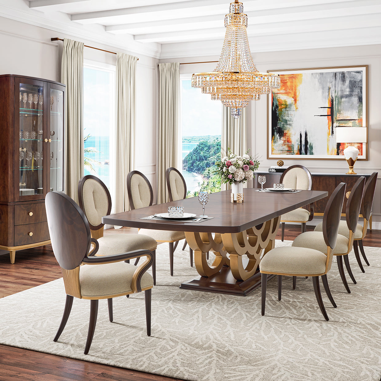 Camellia Field Warm Pecan Rectangular Pedestal Dining Table - Ornate Home