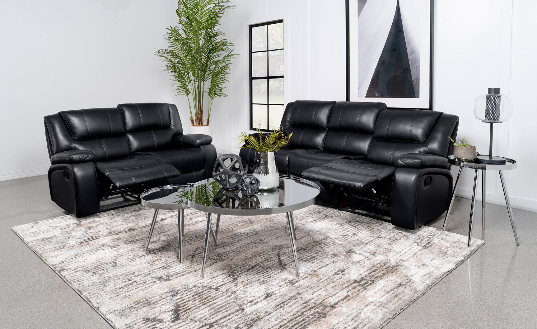 Camila Black 2-piece Upholstered Motion Reclining Sofa Set - Ornate Home