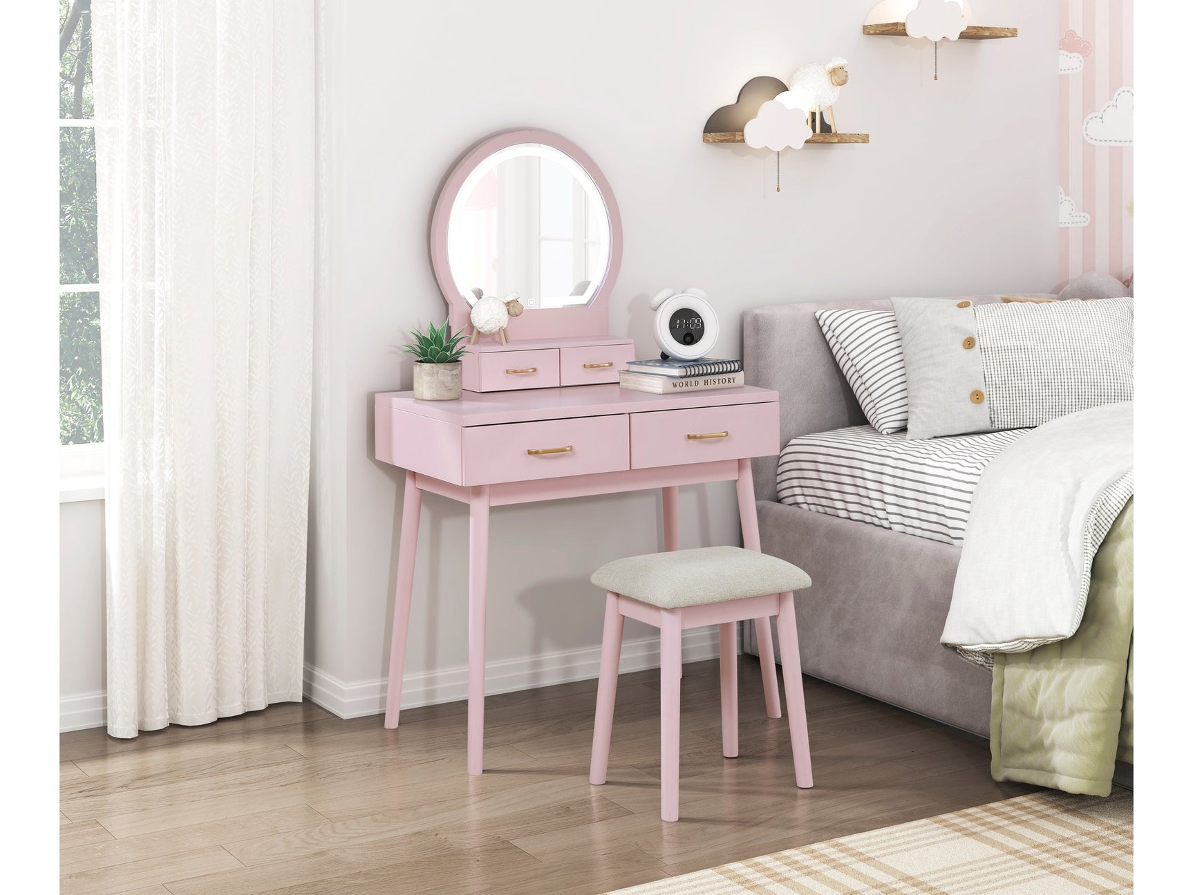 Camilla Pink Vanity Dresser with Mirror and Stool - Ornate Home