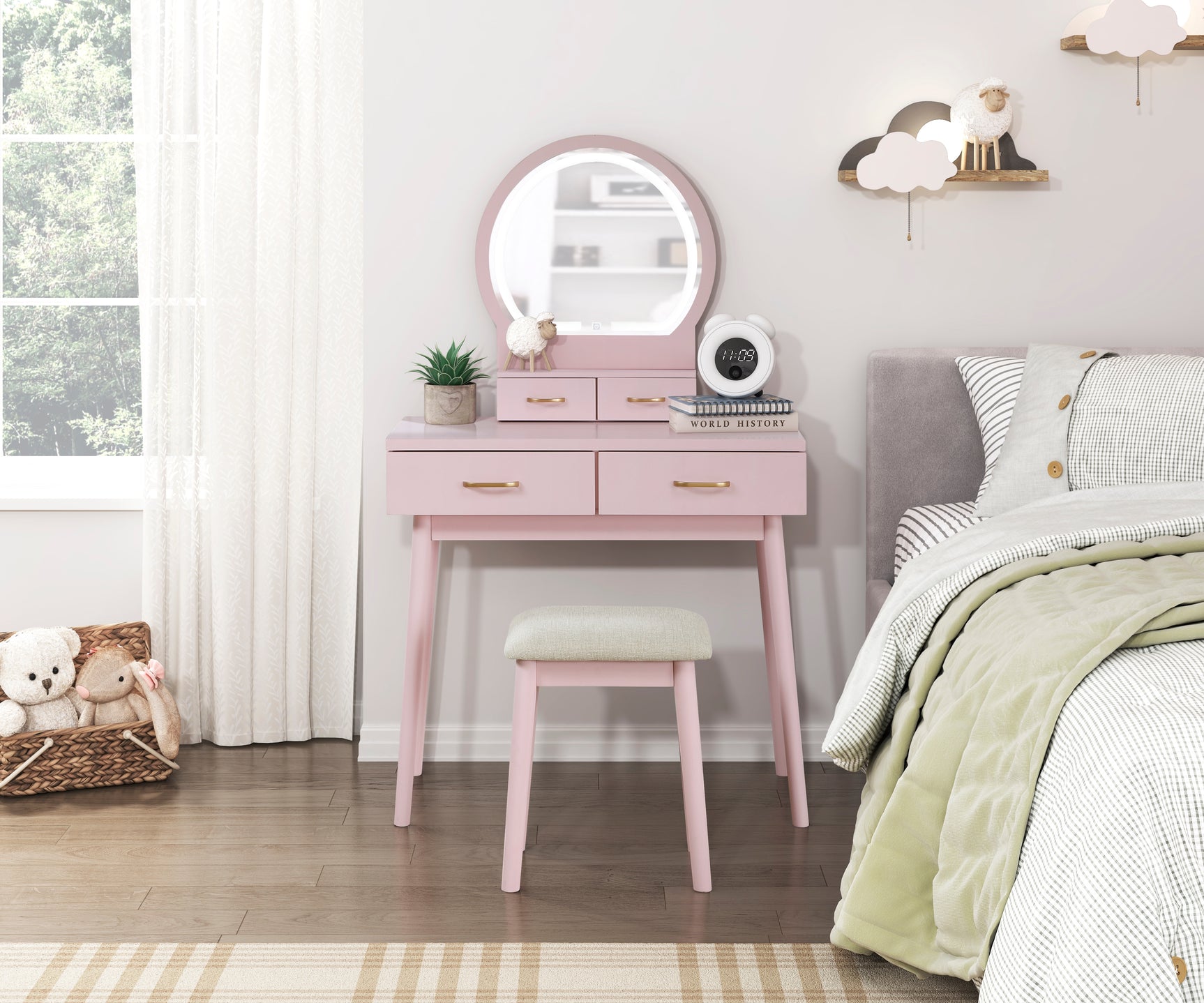 Camilla Pink Vanity Dresser with Mirror and Stool - Ornate Home