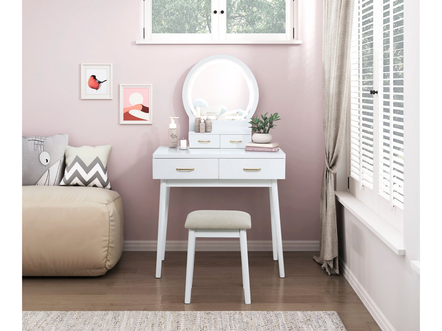 Camilla White Vanity Dresser w/Mirror and Stool - Ornate Home