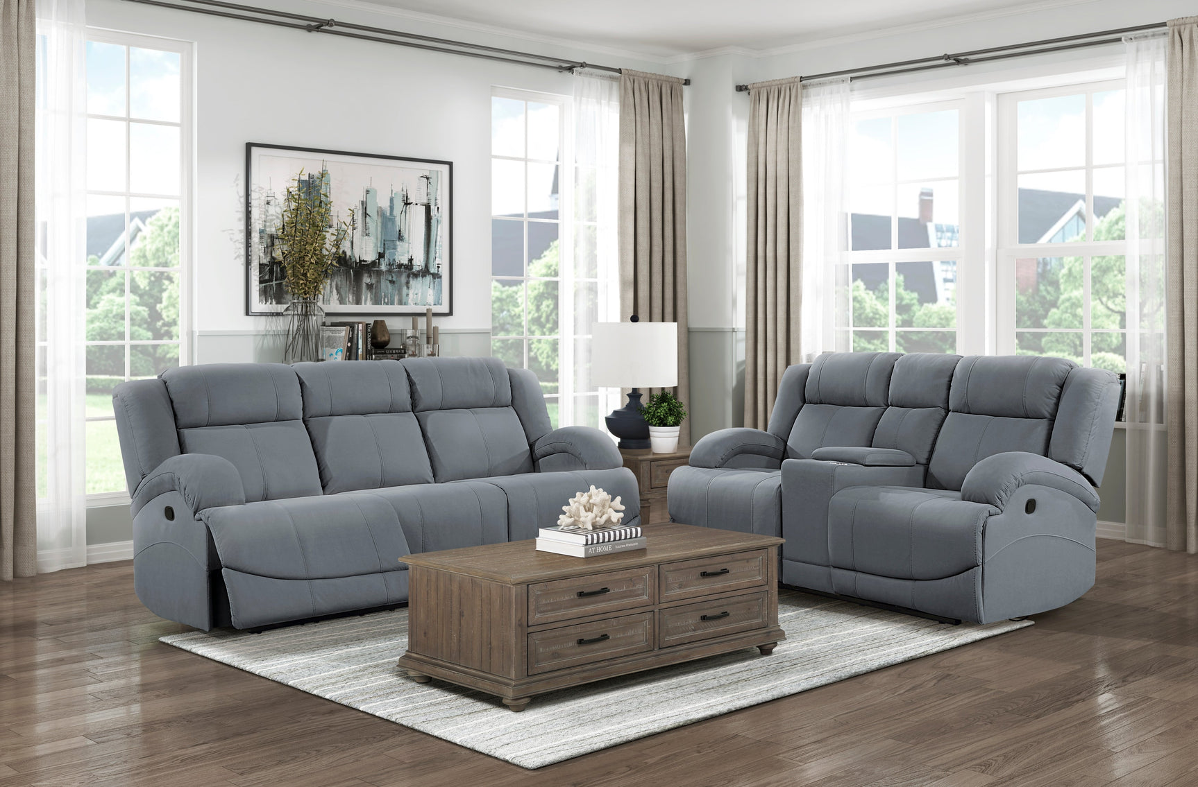 Camryn Graphite Blue Double Reclining Sofa - Ornate Home