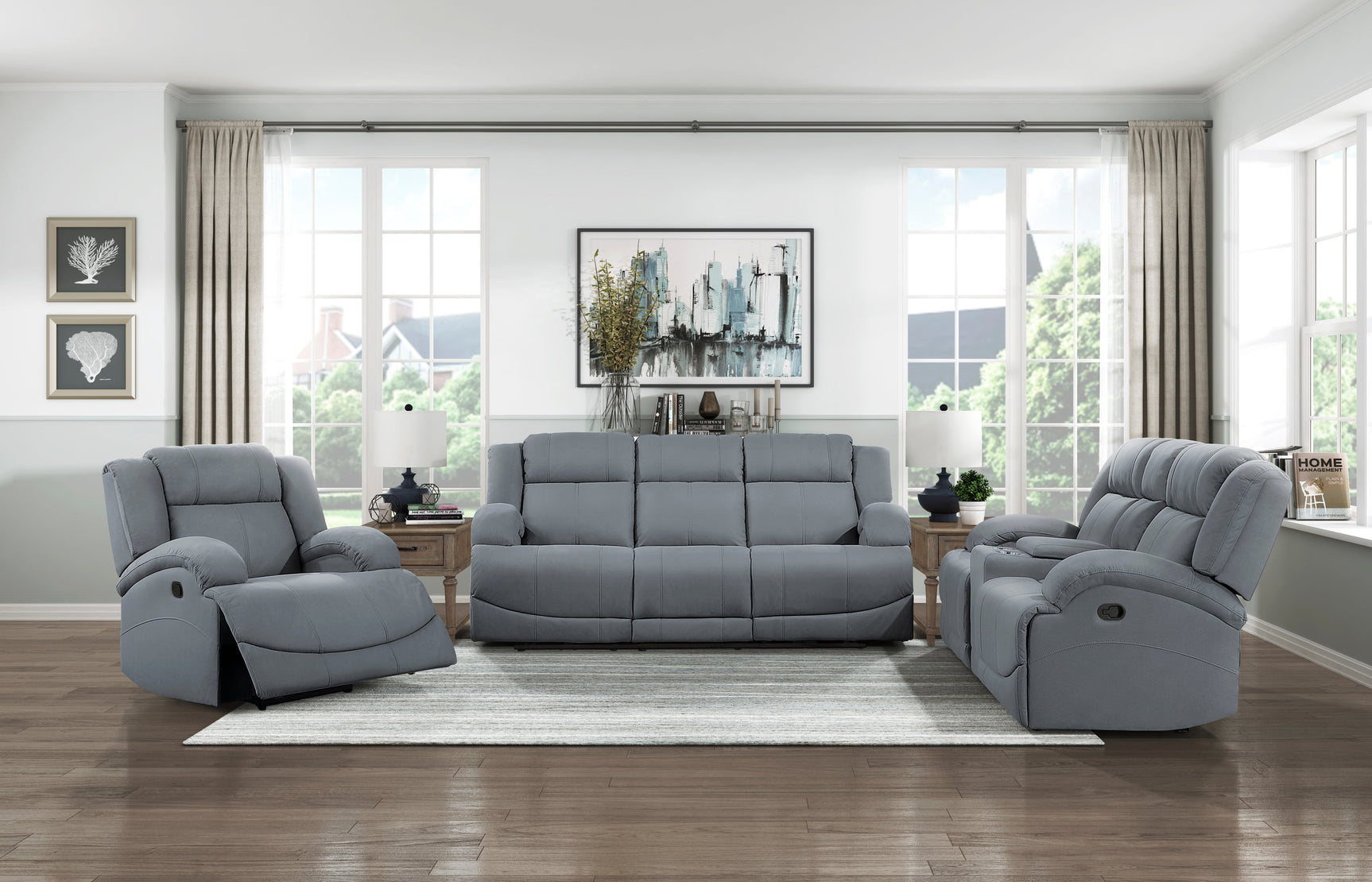 Camryn Graphite Blue Double Reclining Sofa - Ornate Home