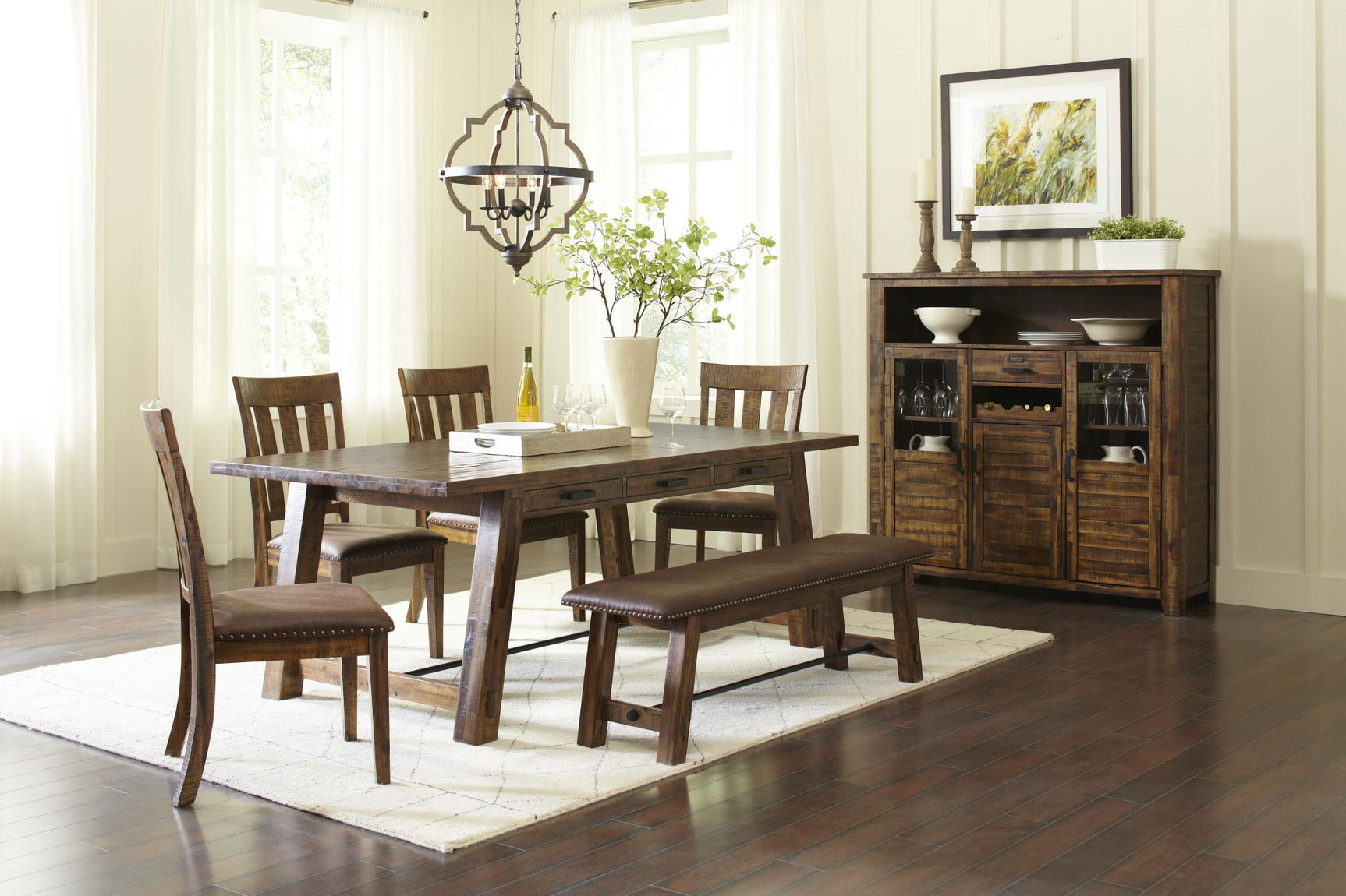 Cannon Valley Distressed Brown Trestle Dining Table w/ 4 Chairs - Ornate Home