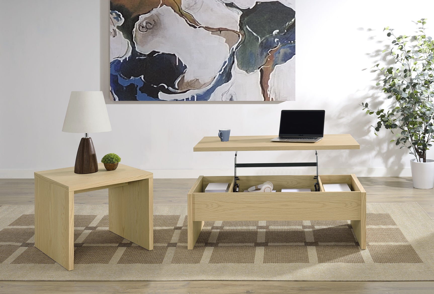 Canoga Light Oak Engineered Wood Lift Top Coffee Table - Ornate Home