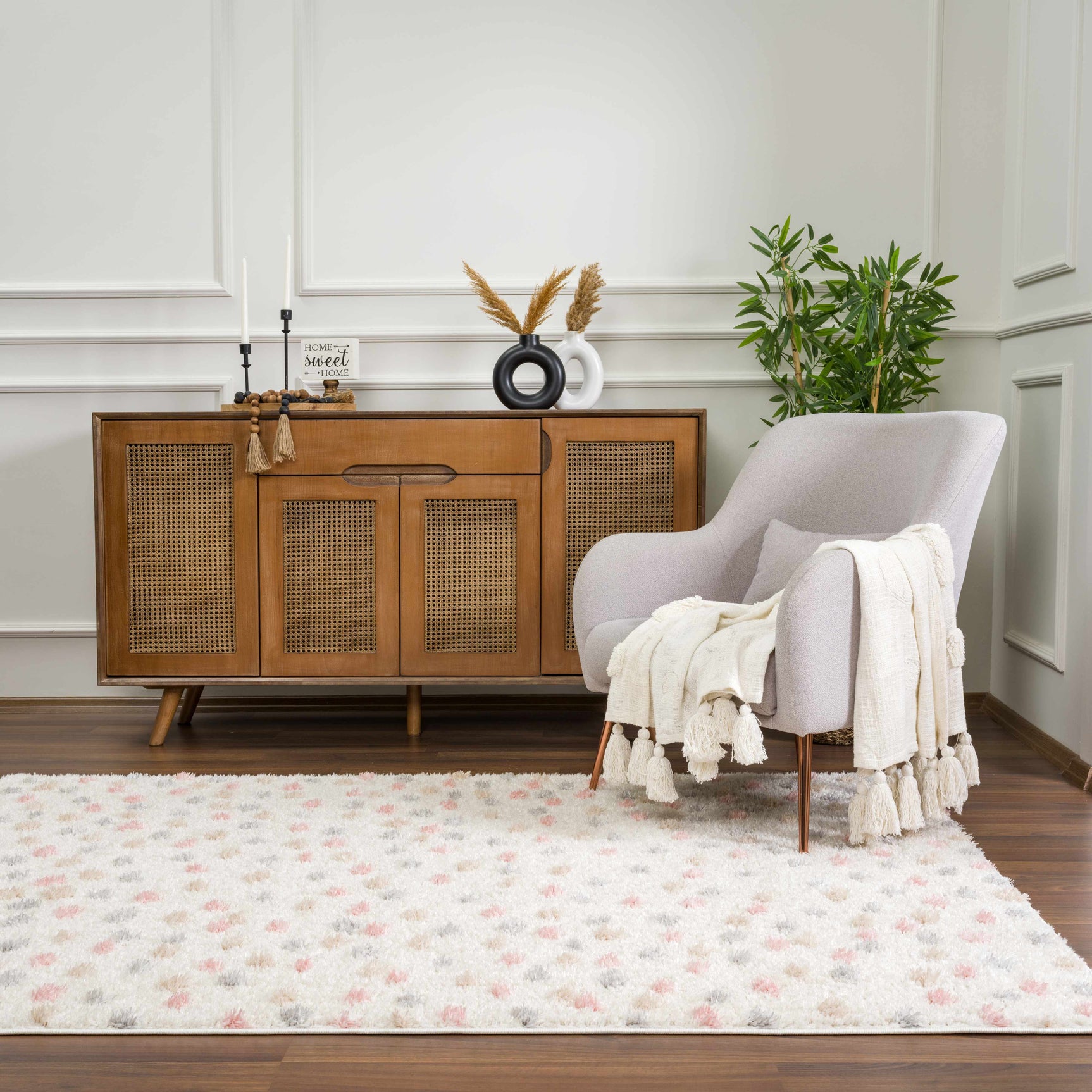 Cansu Pink & Cream Dotted Area Rug - Ornate Home