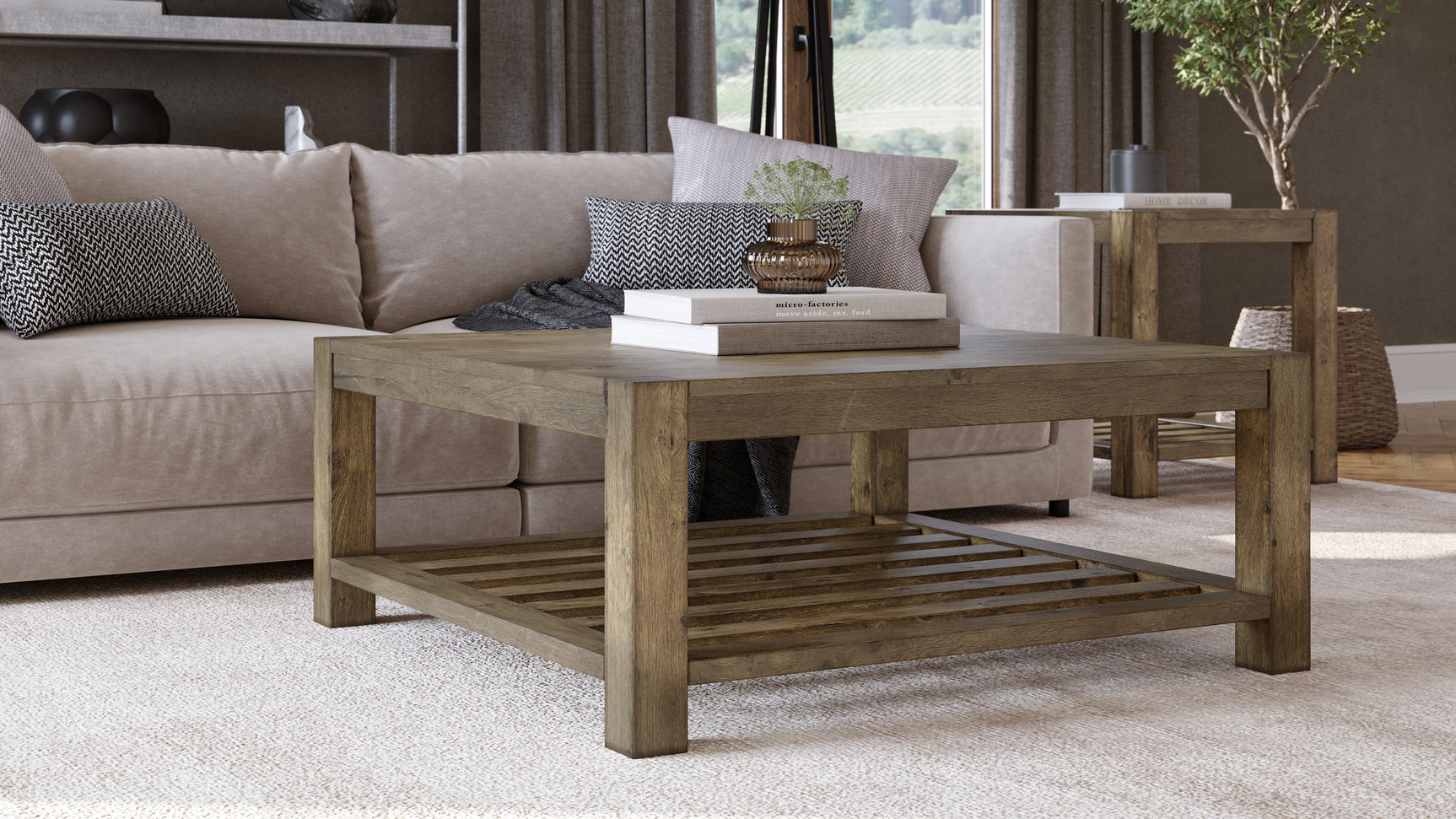 Canyon Solid Wood Square Coffee Table in Washed Grey - Ornate Home