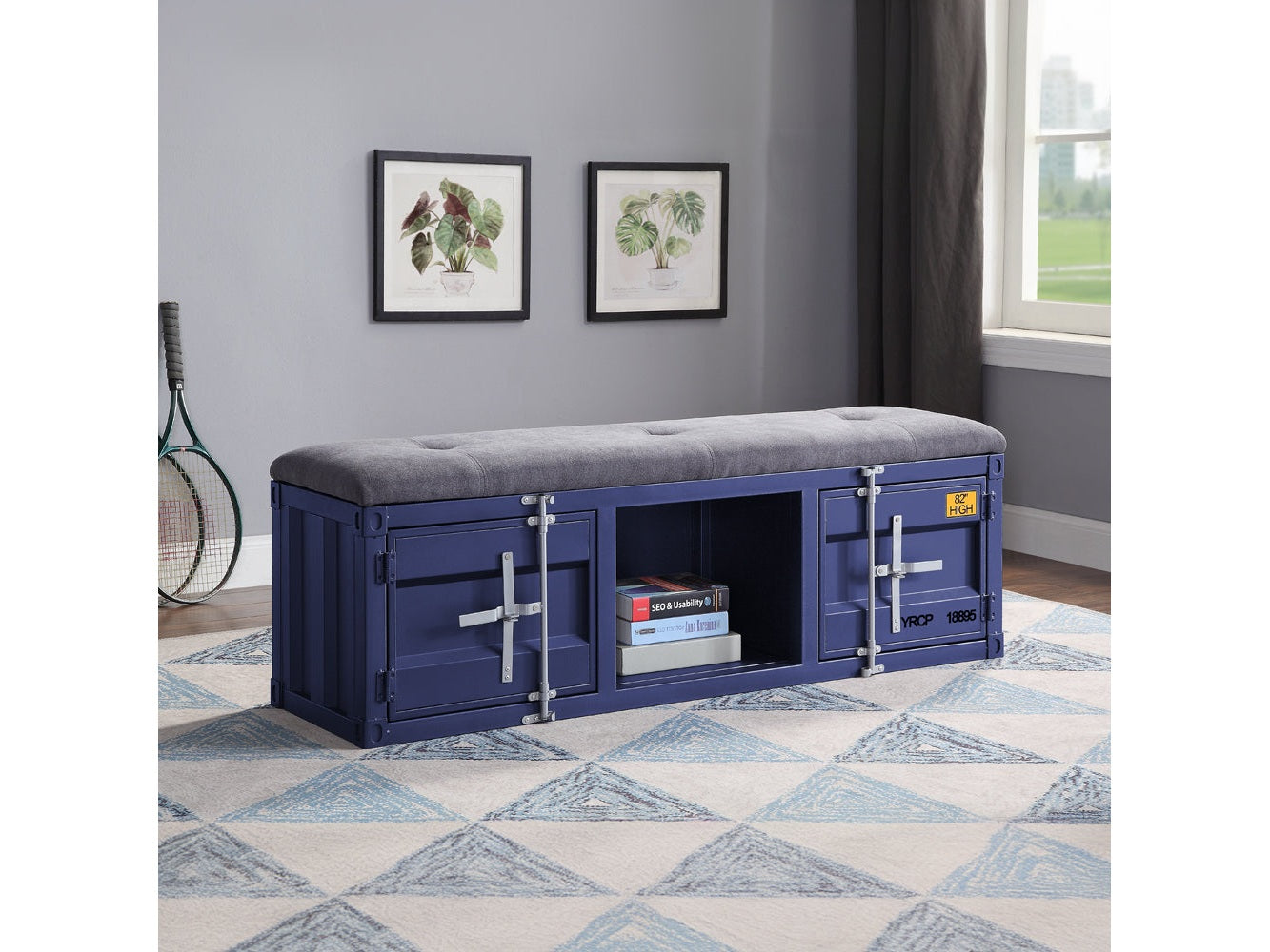 Cargo Gray Fabric & Blue Bench (Storage) - Ornate Home