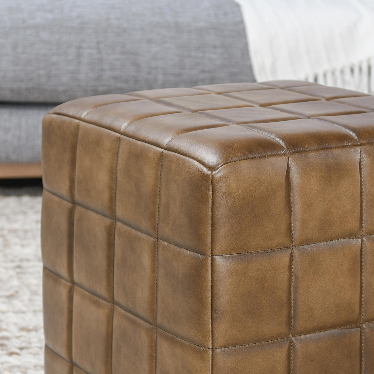 Carlo Antique Brown Leather Square Ottoman - Ornate Home