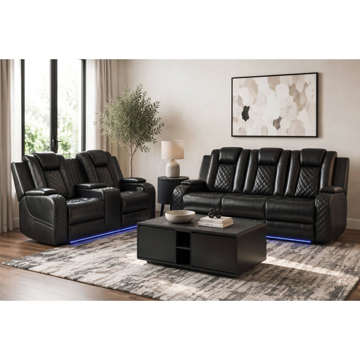 Carlo Pebble Black Power Motion Loveseat with Power Headrest, Console and LED - Ornate Home