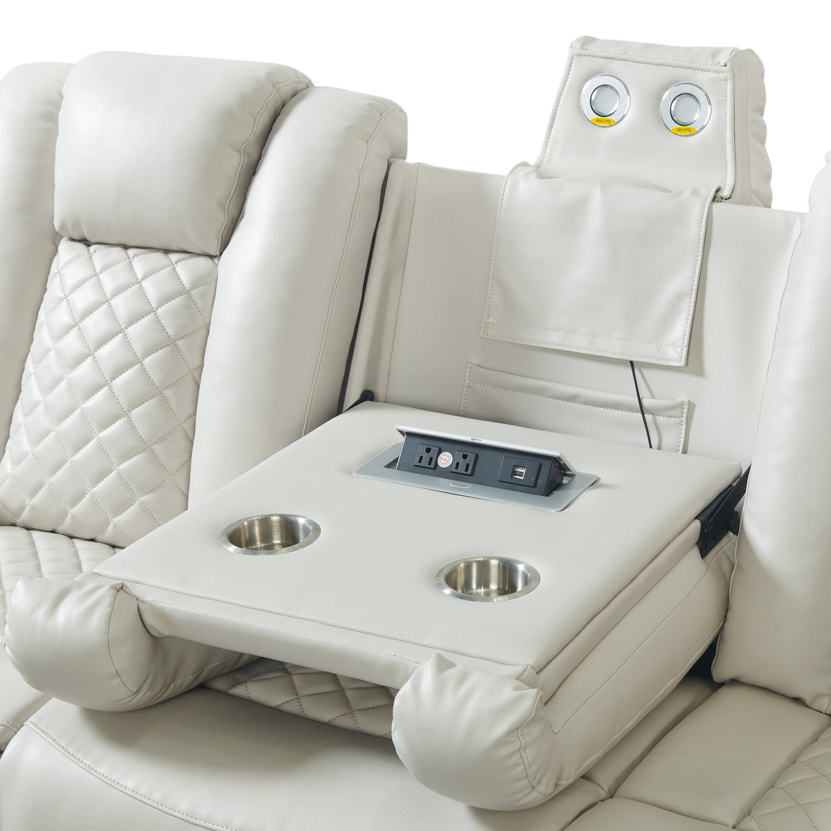 Carlo Pebble Oyster Power Motion Sofa with Power Headrest, Dropdown Table, Power Strip, LED and Reading Light - Ornate Home